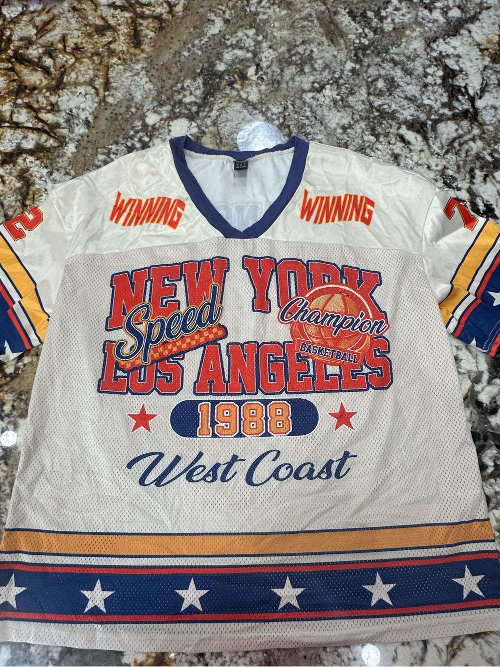 SHEIN White Mesh 'New York Los Angeles 1988' Graphic Jersey Top